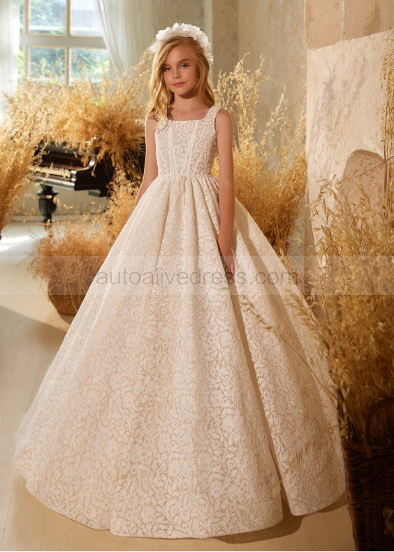 Square Neck Ivory Lace V Back Flower Girl Dress Photoshoot Dress